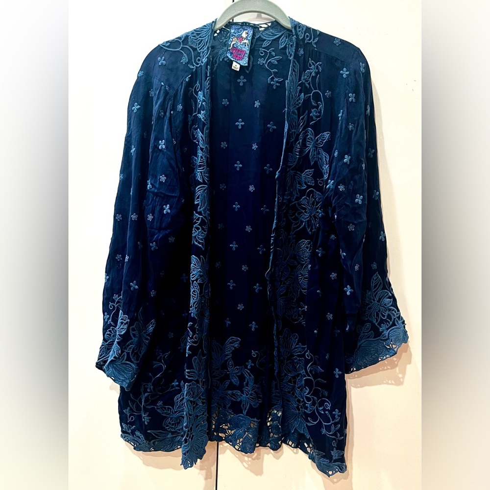 Johnny Was Dark Blue Embroidered Top